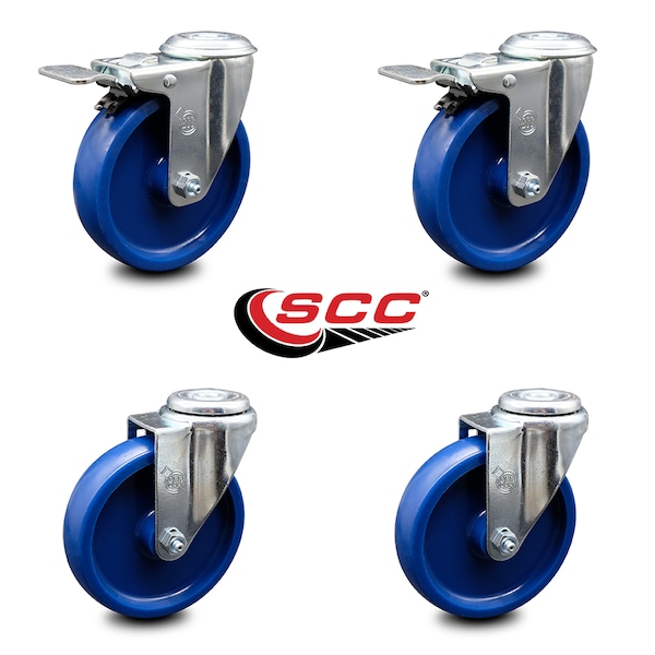 5 Inch Solid Polyurethane Swivel Bolt Hole Caster Set with 2 Total Lock Brake